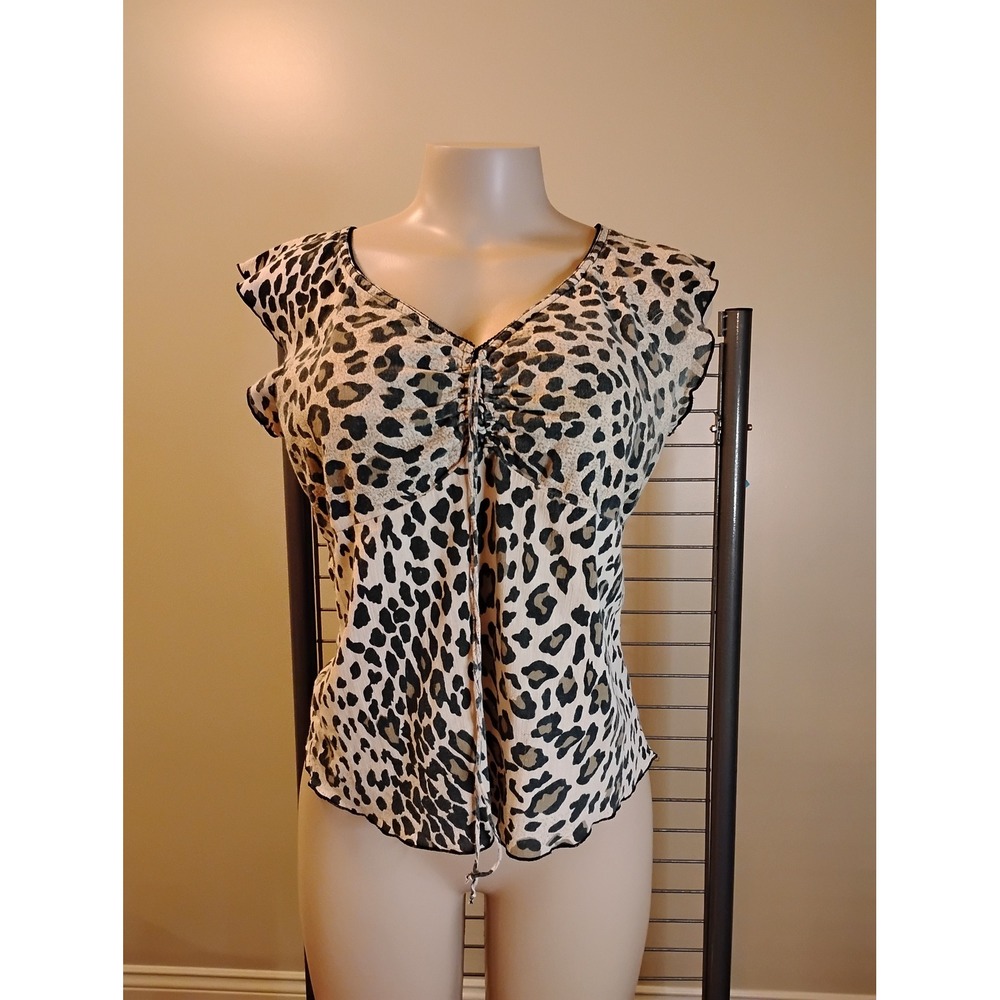 Fiorlini International Leopard Print Cotton V-Neck Blouse Tan Brown Medium